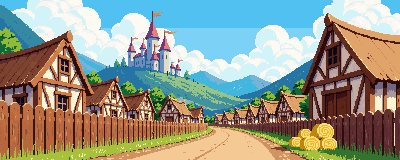Vila de Sablevale em pixel art, com casas de madeira e campos